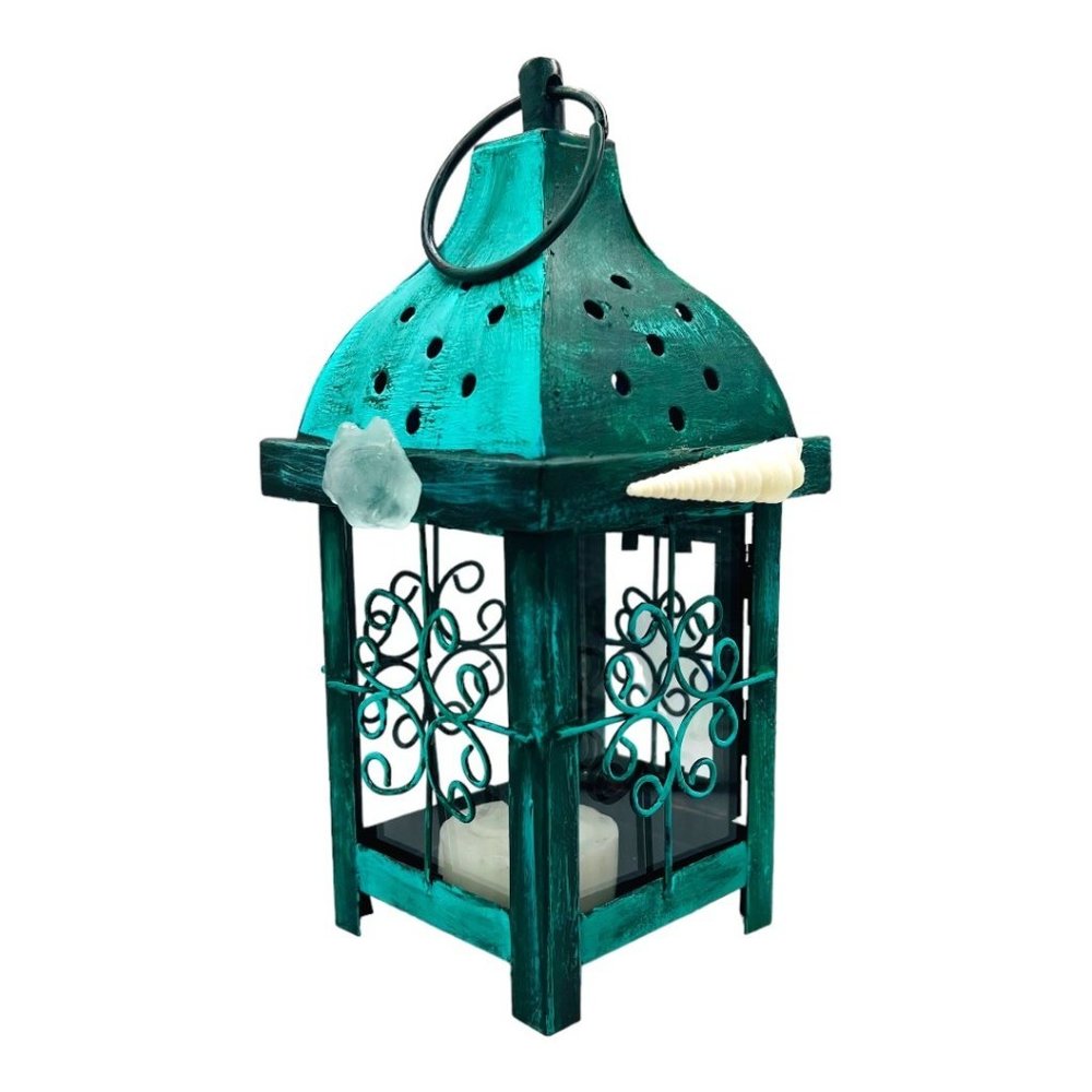 Handcrafted Metal Candle Lantern Hand-Painted Sea Glass and Conch Shell Accents - Picture 3 of 9